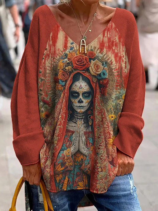 Vintage Μεξικανική Ημέρα της Νεκρής Τέχνης Εκτύπωση Casual V-Neck top.