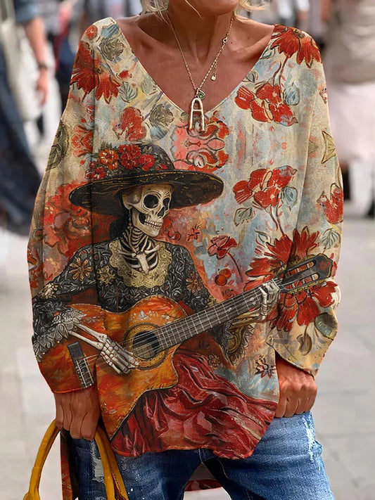 Vintage Μεξικανική Ημέρα της Νεκρής Τέχνης Εκτύπωση Casual V-Neck top.