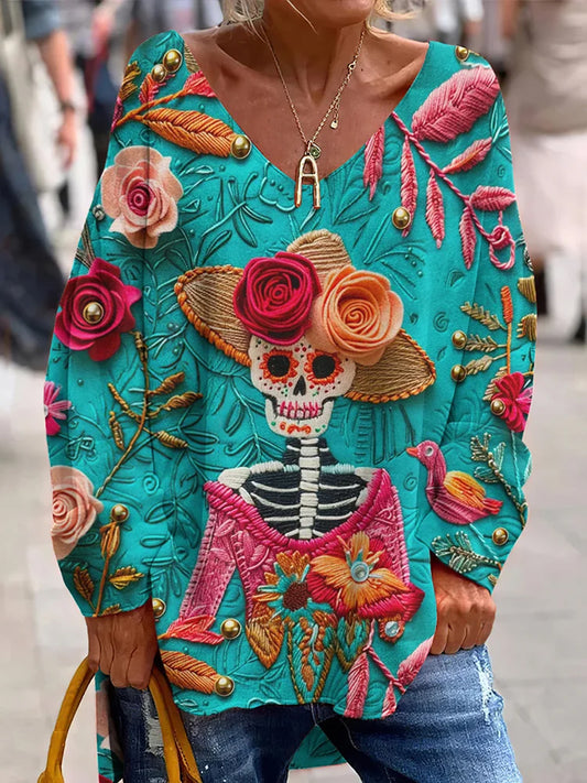 Vintage Μεξικανική Ημέρα της Νεκρής Τέχνης Εκτύπωση Casual V-Neck top.