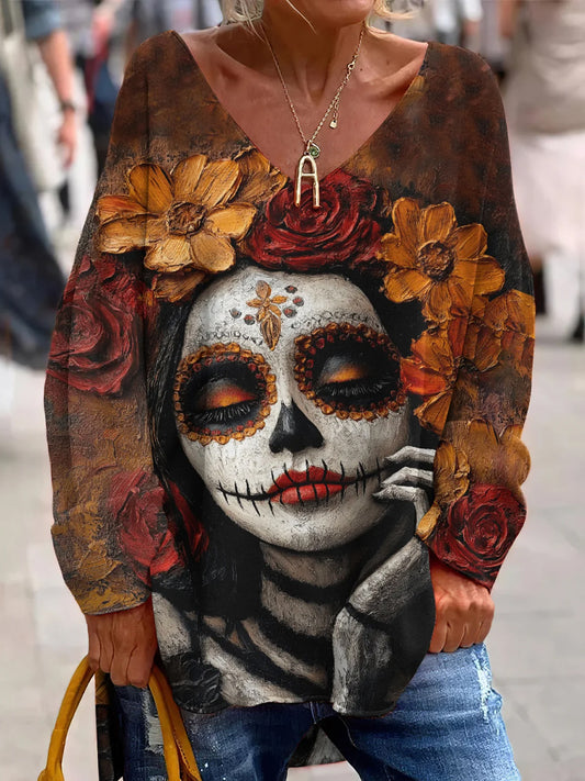 Vintage Μεξικανική Ημέρα της Νεκρής Τέχνης Εκτύπωση Casual V-Neck top.
