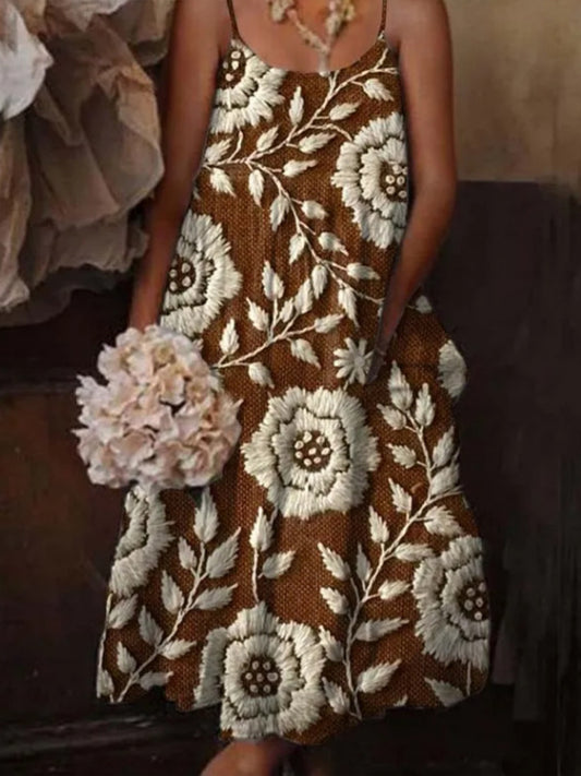 Γυναικεία ανθισμένη τέχνη εκτύπωση τσέπη V-λαιμό φόρεμα μανίκι