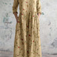 Vintage Floral Art Print Chic V-Neck μακριά μανίκι κομψό φόρεμα Midi