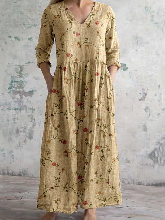 Vintage Floral Art Print Chic V-Neck μακριά μανίκι κομψό φόρεμα Midi