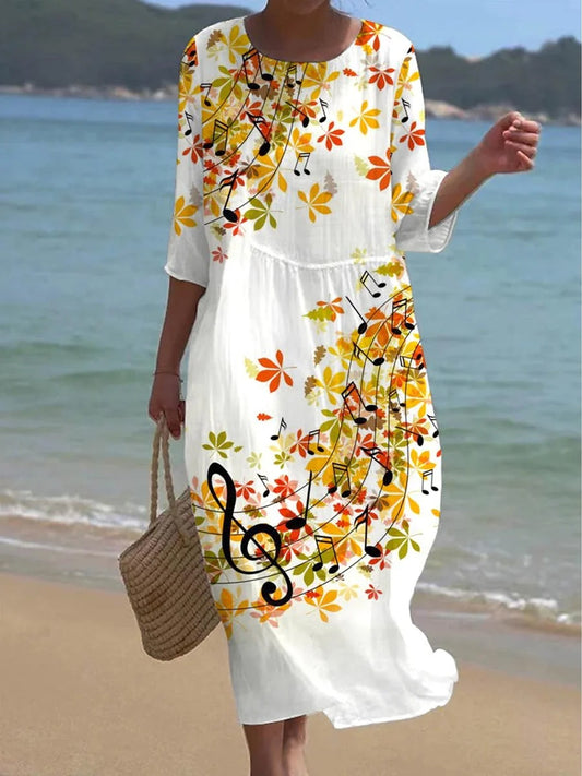 Γυναικείο περιστασιακό στρογγυλό λαιμό λουλούδια τέχνη εκτύπωση τύπωση τύπωμα φόρεμα ταύδιο