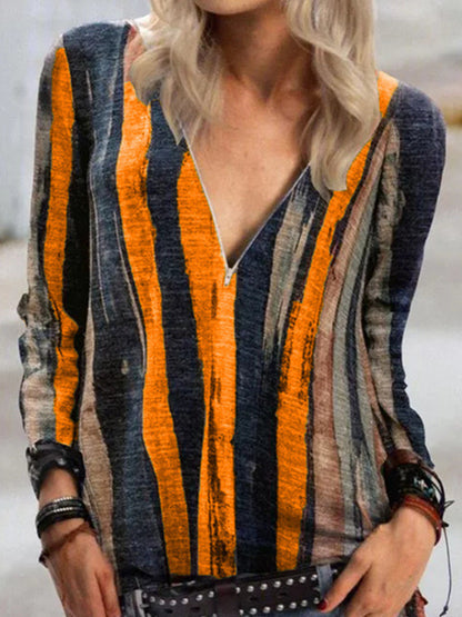 Γυναικείο περιστασιακό V-Neck βαφή λωρίδα εκτύπωση μακρύ μανίκι T-Shirt κορυφαίο