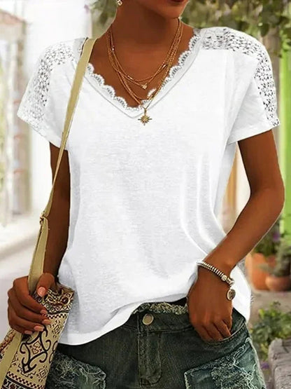 Γυναικείο casual V-λαιμόχρεο δαντέλα ραφή μασίφ χρώμα κοντομάνικο κορυφαίο T-shirt