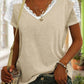 Γυναικείο casual V-λαιμόχρεο δαντέλα ραφή μασίφ χρώμα κοντομάνικο κορυφαίο T-shirt