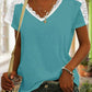 Γυναικείο casual V-λαιμόχρεο δαντέλα ραφή μασίφ χρώμα κοντομάνικο κορυφαίο T-shirt