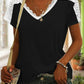Γυναικείο casual V-λαιμόχρεο δαντέλα ραφή μασίφ χρώμα κοντομάνικο κορυφαίο T-shirt