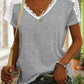 Γυναικείο casual V-λαιμόχρεο δαντέλα ραφή μασίφ χρώμα κοντομάνικο κορυφαίο T-shirt