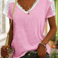 Γυναικείο casual V-λαιμόχρεο δαντέλα ραφή μασίφ χρώμα κοντομάνικο κορυφαίο T-shirt