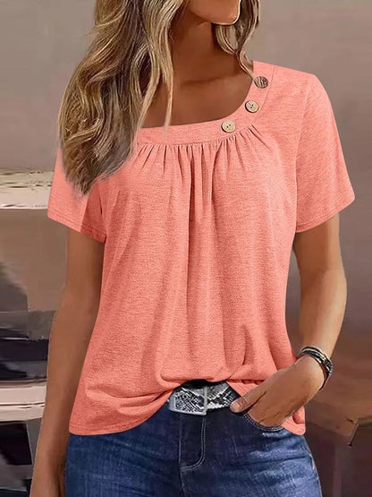 Γυναικείο περιστατικό στρογγυλό λαιμό στερεό χρώμα κουμπί στοιχείο κοντομάνικο κορυφαίο T-Shirt