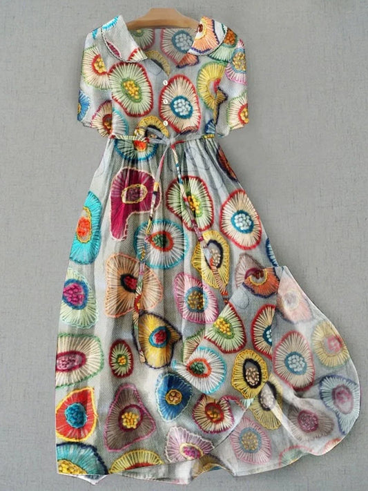 Retro Boho Floral Εκτύπωση Vintage Chic στρογγυλό λαιμό κουμπί μακριά μανίκι φόρεμα Midi