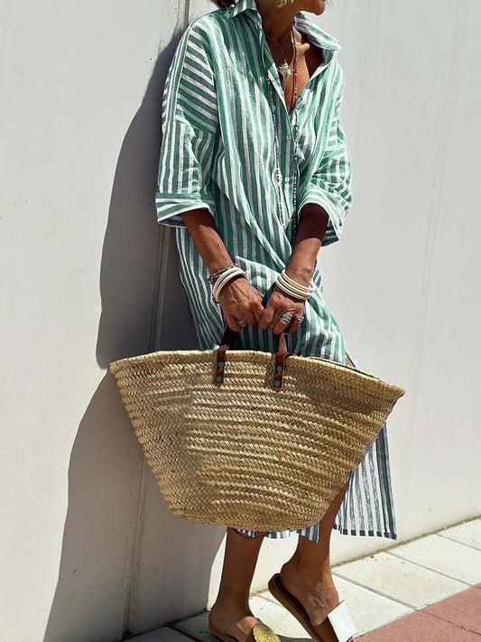 Γυναικείο κολάρο πουκάμισο ριγέ χαλαρά casual διακοπές φούστα maxi