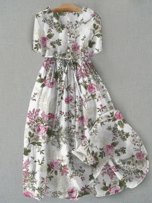 Retro Boho Floral Εκτύπωση Vintage Chic στρογγυλό λαιμό κουμπί μακριά μανίκι φόρεμα Midi