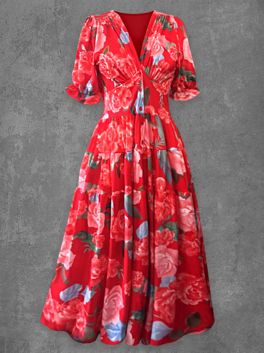 Retro Glam ανθοπωλείς τέχνες εκτύπωση Vintage Chic V-Neck κουμπί πάνω μεσαίας μήκους φόρεμα Midi