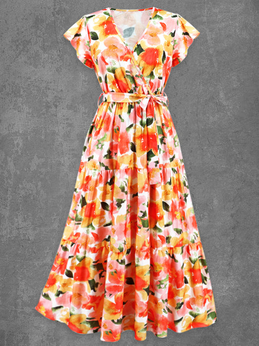 Retro Glam Floral Τέχνη τυπωμένο V-Neck Vintage Chic Strap κοντομάνικο φόρεμα Maxi