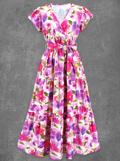 Retro Glam Floral Τέχνη τυπωμένο V-Neck Vintage Chic Strap κοντομάνικο φόρεμα Maxi