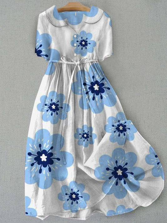 Retro Boho Floral Εκτύπωση Vintage Chic στρογγυλό λαιμό κουμπί μακριά μανίκι φόρεμα Midi