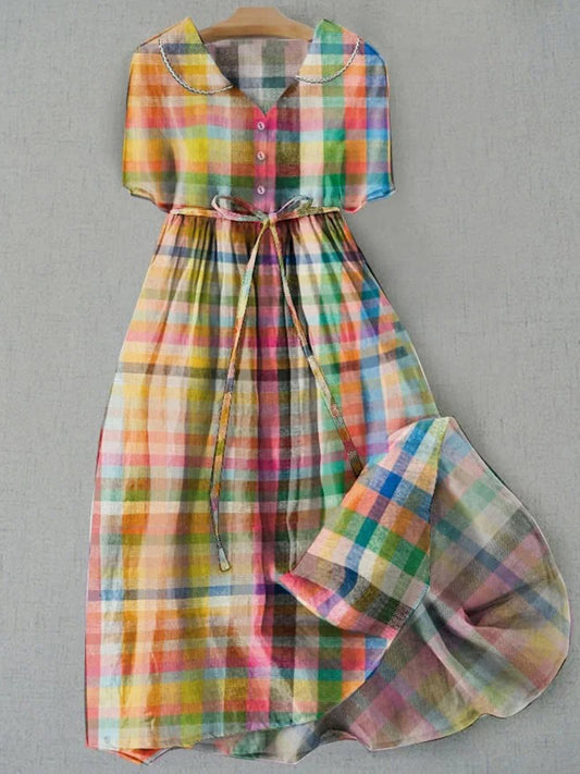 Retro Boho Floral Εκτύπωση Vintage Chic στρογγυλό λαιμό κουμπί μακριά μανίκι φόρεμα Midi