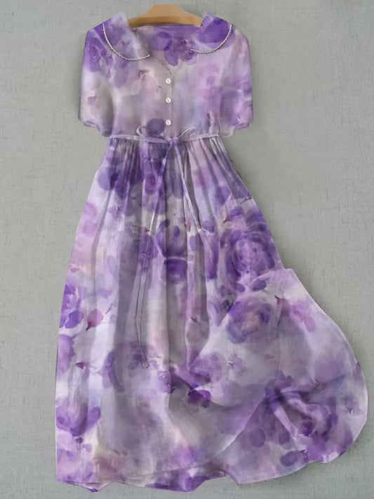 Retro Boho Floral Εκτύπωση Vintage Chic στρογγυλό λαιμό κουμπί μακριά μανίκι φόρεμα Midi