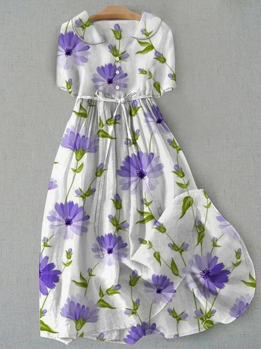 Retro Boho Floral Εκτύπωση Vintage Chic στρογγυλό λαιμό κουμπί μακριά μανίκι φόρεμα Midi