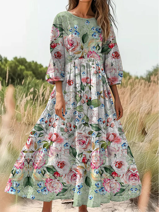 Retro Boho Floral Εκτύπωση Vintage Chic στρογγυλό λαιμό βαμβάκι μακρύ μανίκι φόρεμα Midi