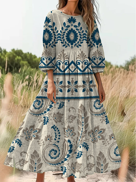 Retro Boho Floral Εκτύπωση Vintage Chic στρογγυλό λαιμό βαμβάκι μακρύ μανίκι φόρεμα Midi