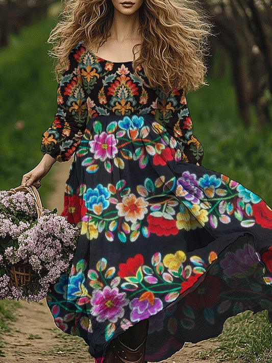 Retro Boho Floral Art Εκτύπωση Vintage Chic στρογγυλό λαιμό μακριά μανίκι φόρεμα Midi