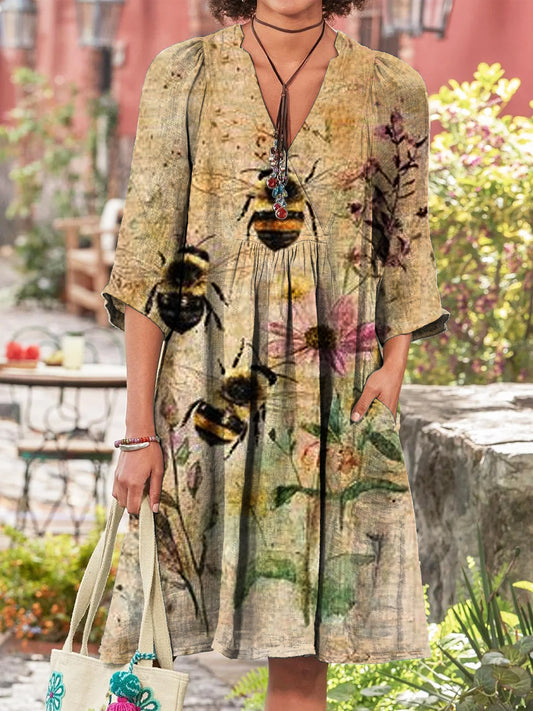 Retro Bee Boho Floral Εκτύπωση Vintage Chic V-Neck βαμβάκι μακριά μανίκι φόρεμα Midi