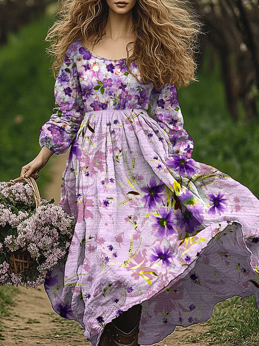 Retro Boho Floral Art Εκτύπωση Vintage Chic στρογγυλό λαιμό μακριά μανίκι φόρεμα Midi