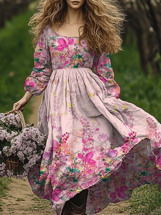 Retro Boho Floral Art Εκτύπωση Vintage Chic στρογγυλό λαιμό μακριά μανίκι φόρεμα Midi