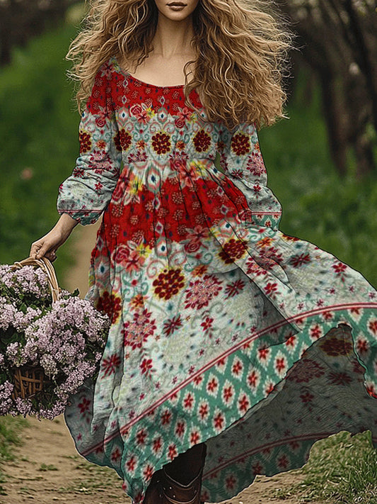 Retro Boho Floral Art Εκτύπωση Vintage Chic στρογγυλό λαιμό μακριά μανίκι φόρεμα Midi