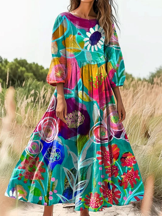 Retro Boho Floral Εκτύπωση Vintage Chic στρογγυλό λαιμό βαμβάκι μακρύ μανίκι φόρεμα Midi