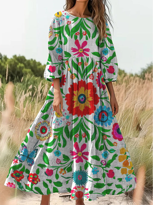 Retro Boho Floral Εκτύπωση Vintage Chic στρογγυλό λαιμό βαμβάκι μακρύ μανίκι φόρεμα Midi