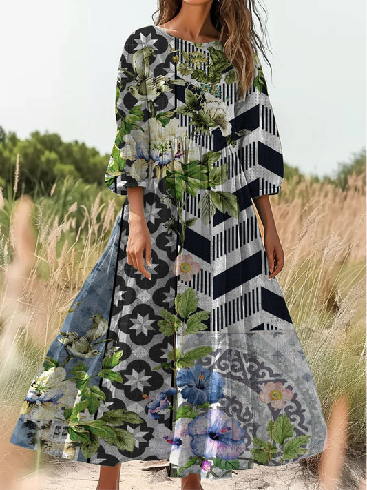 Retro Boho Floral Εκτύπωση Vintage Chic στρογγυλό λαιμό βαμβάκι μακρύ μανίκι φόρεμα Midi