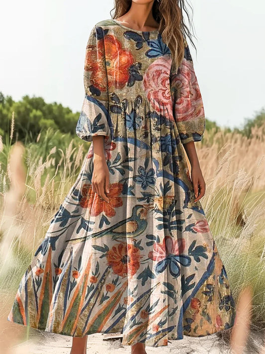 Retro Boho Floral Εκτύπωση Vintage Chic στρογγυλό λαιμό βαμβάκι μακρύ μανίκι φόρεμα Midi
