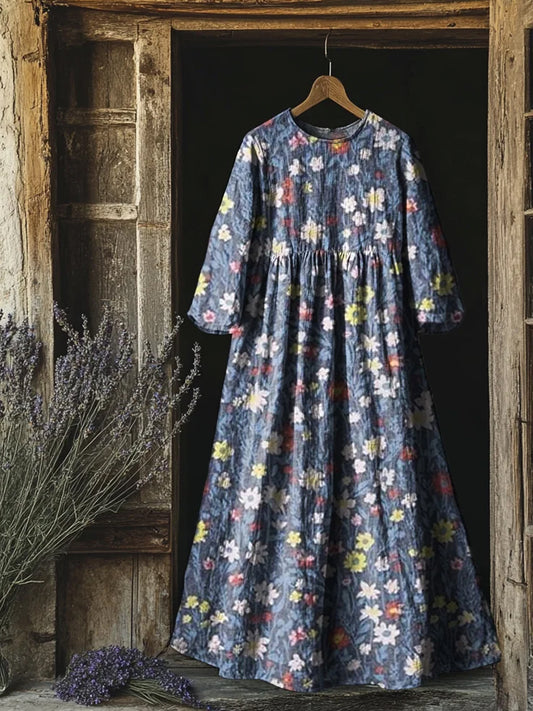 Retro Boho Floral Εκτύπωση Vintage Chic στρογγυλό λαιμό βαμβάκι μακρύ μανίκι φόρεμα Midi