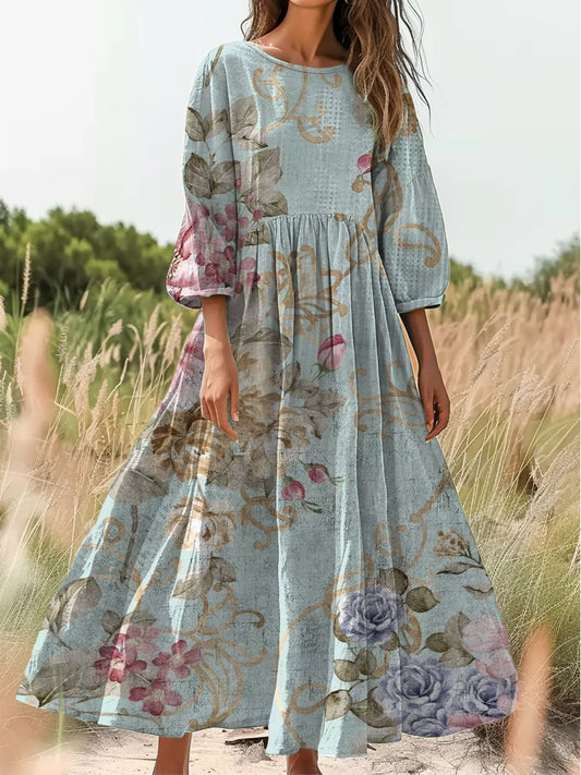 Retro Boho Floral Εκτύπωση Vintage Chic στρογγυλό λαιμό βαμβάκι μακρύ μανίκι φόρεμα Midi