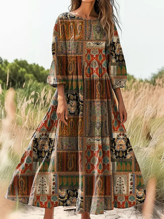 Retro Boho Floral Εκτύπωση Vintage Chic στρογγυλό λαιμό βαμβάκι μακρύ μανίκι φόρεμα Midi