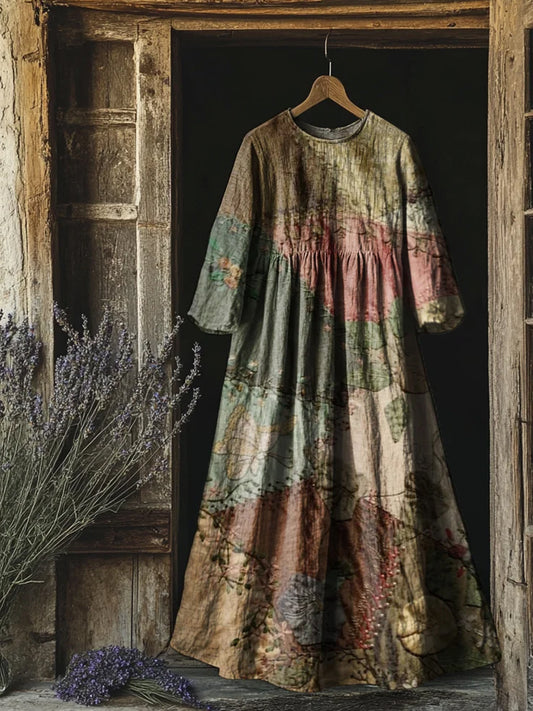 Retro Boho Floral Εκτύπωση Vintage Chic στρογγυλό λαιμό βαμβάκι μακρύ μανίκι φόρεμα Midi