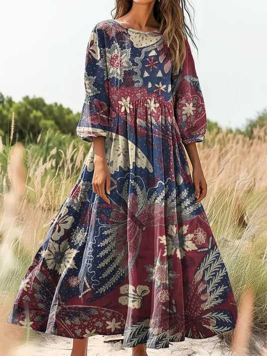 Retro Boho Floral Εκτύπωση Vintage Chic στρογγυλό λαιμό βαμβάκι μακρύ μανίκι φόρεμα Midi