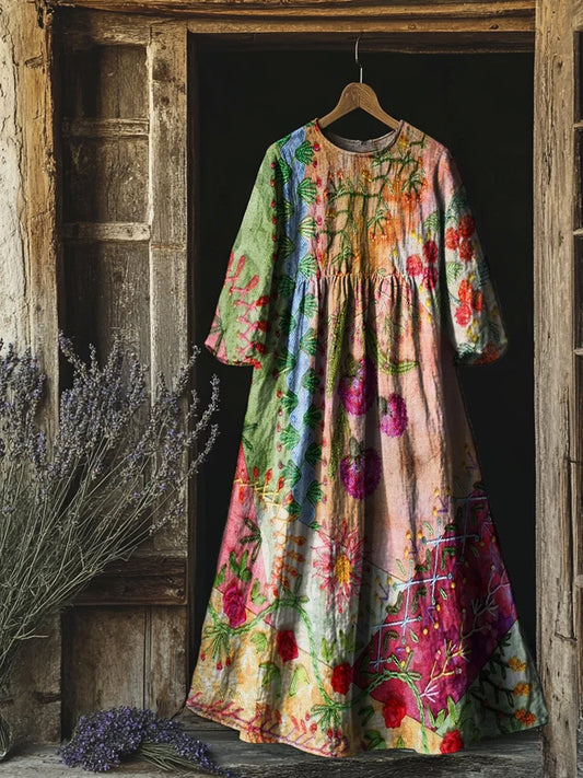 Retro Boho Floral Εκτύπωση Vintage Chic στρογγυλό λαιμό βαμβάκι μακρύ μανίκι φόρεμα Midi