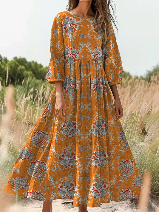 Retro Boho Floral Εκτύπωση Vintage Chic στρογγυλό λαιμό βαμβάκι μακρύ μανίκι φόρεμα Midi
