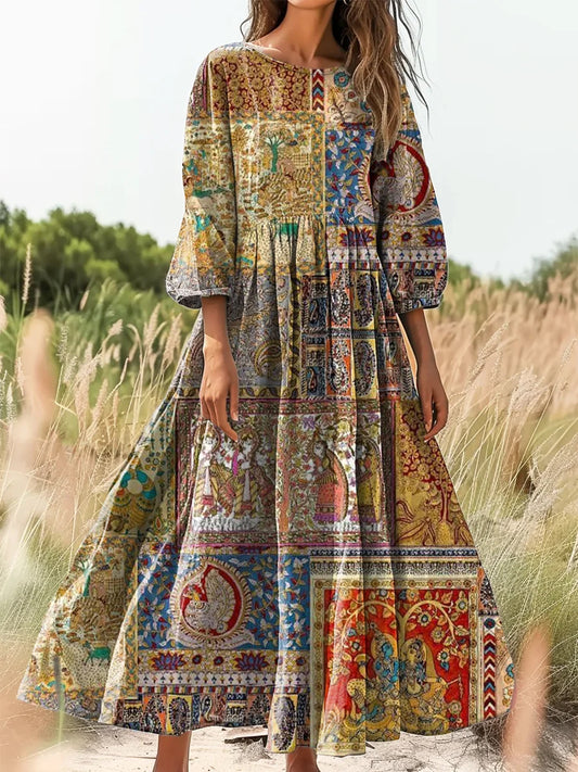 Retro Boho Floral Εκτύπωση Vintage Chic στρογγυλό λαιμό βαμβάκι μακρύ μανίκι φόρεμα Midi