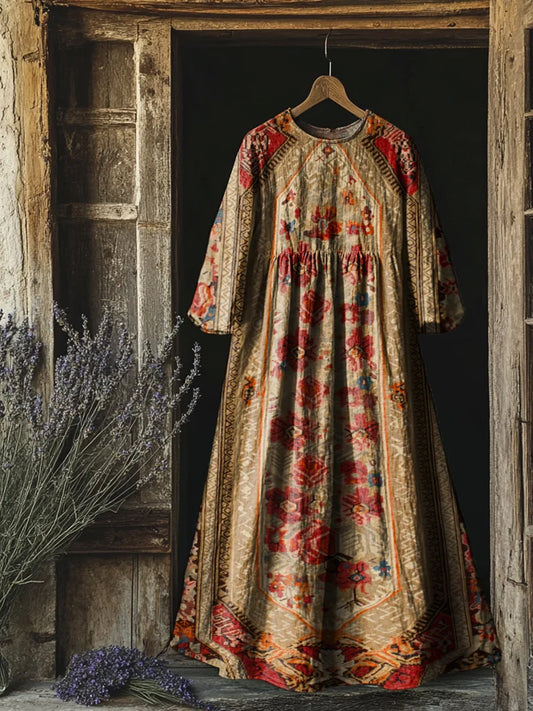 Retro Boho Floral Εκτύπωση Vintage Chic στρογγυλό λαιμό βαμβάκι μακρύ μανίκι φόρεμα Midi