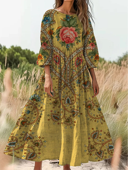 Retro Boho Floral Εκτύπωση Vintage Chic στρογγυλό λαιμό βαμβάκι μακρύ μανίκι φόρεμα Midi