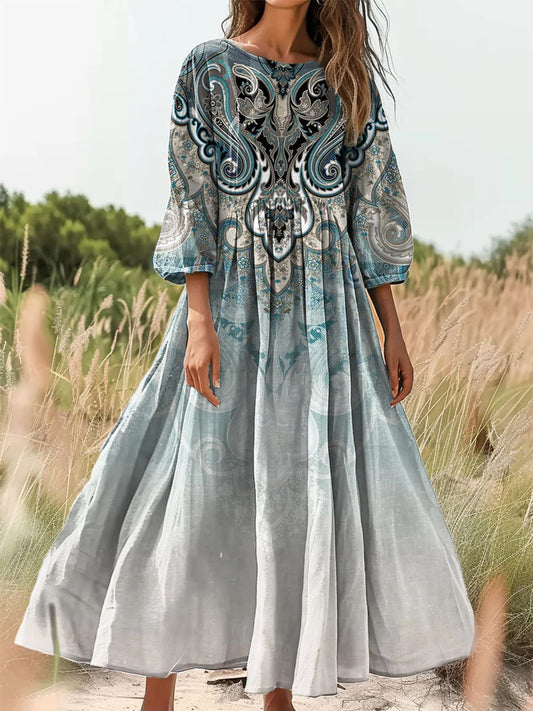 Retro Boho Floral Εκτύπωση Vintage Chic στρογγυλό λαιμό βαμβάκι μακρύ μανίκι φόρεμα Midi