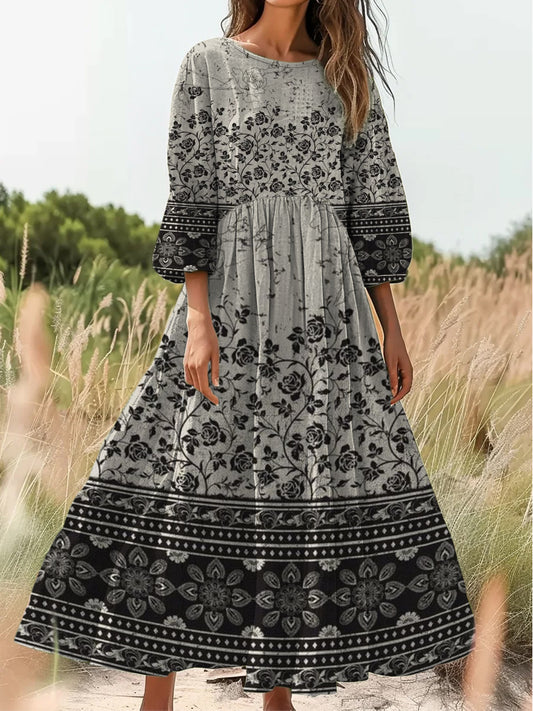 Retro Boho Floral Εκτύπωση Vintage Chic στρογγυλό λαιμό βαμβάκι μακρύ μανίκι φόρεμα Midi