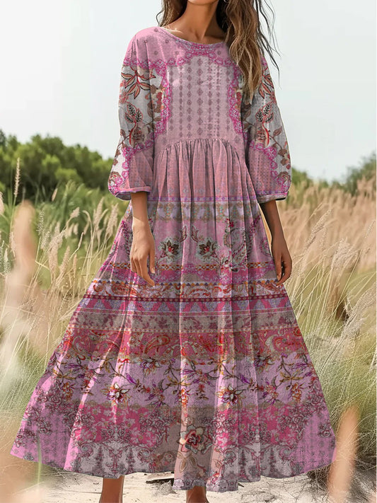 Retro Boho Floral Εκτύπωση Vintage Chic στρογγυλό λαιμό βαμβάκι μακρύ μανίκι φόρεμα Midi